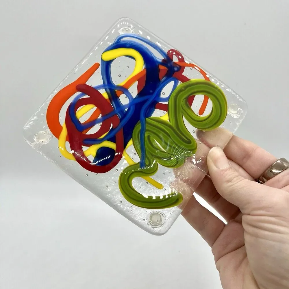 OOAK Set Of 2 Colorful Squiggle Art Glass Coasters Paperweights